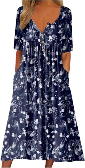Boho Dresses for Women 2024 Short Sleeve Floral Print Maxi Dress 2024 Summer V Neck Loose Swing Dress with Pockets