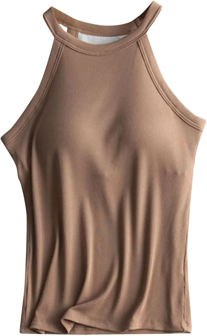 Built in Bra Camisole Shirts for Women Athletic Racerback Basic Solid Color Blouses Casual Soft Workout Tank Tops