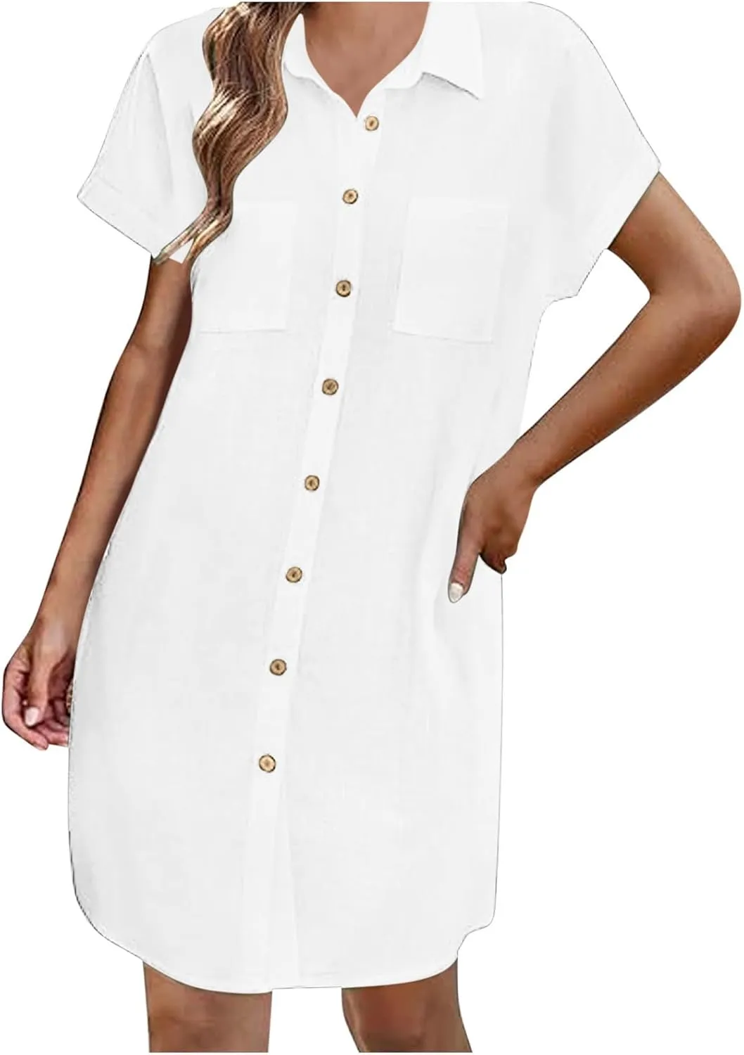 Button Down Tshirt Dresses Womens Short Sleeve Lapel Collar Work Dress with Pockets Loose Beach Coverups Mini Dress