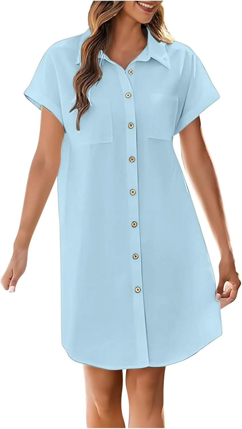 Button Down Tshirt Dresses Womens Short Sleeve Lapel Collar Work Dress with Pockets Loose Beach Coverups Mini Dress