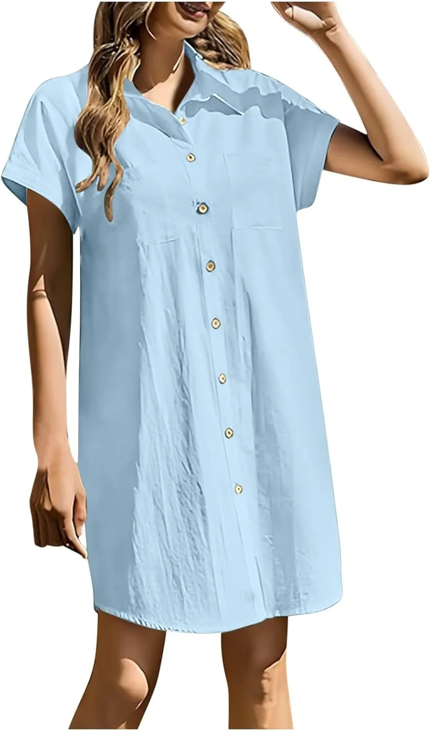 Button Down Tshirt Dresses Womens Short Sleeve Lapel Collar Work Dress with Pockets Loose Beach Coverups Mini Dress