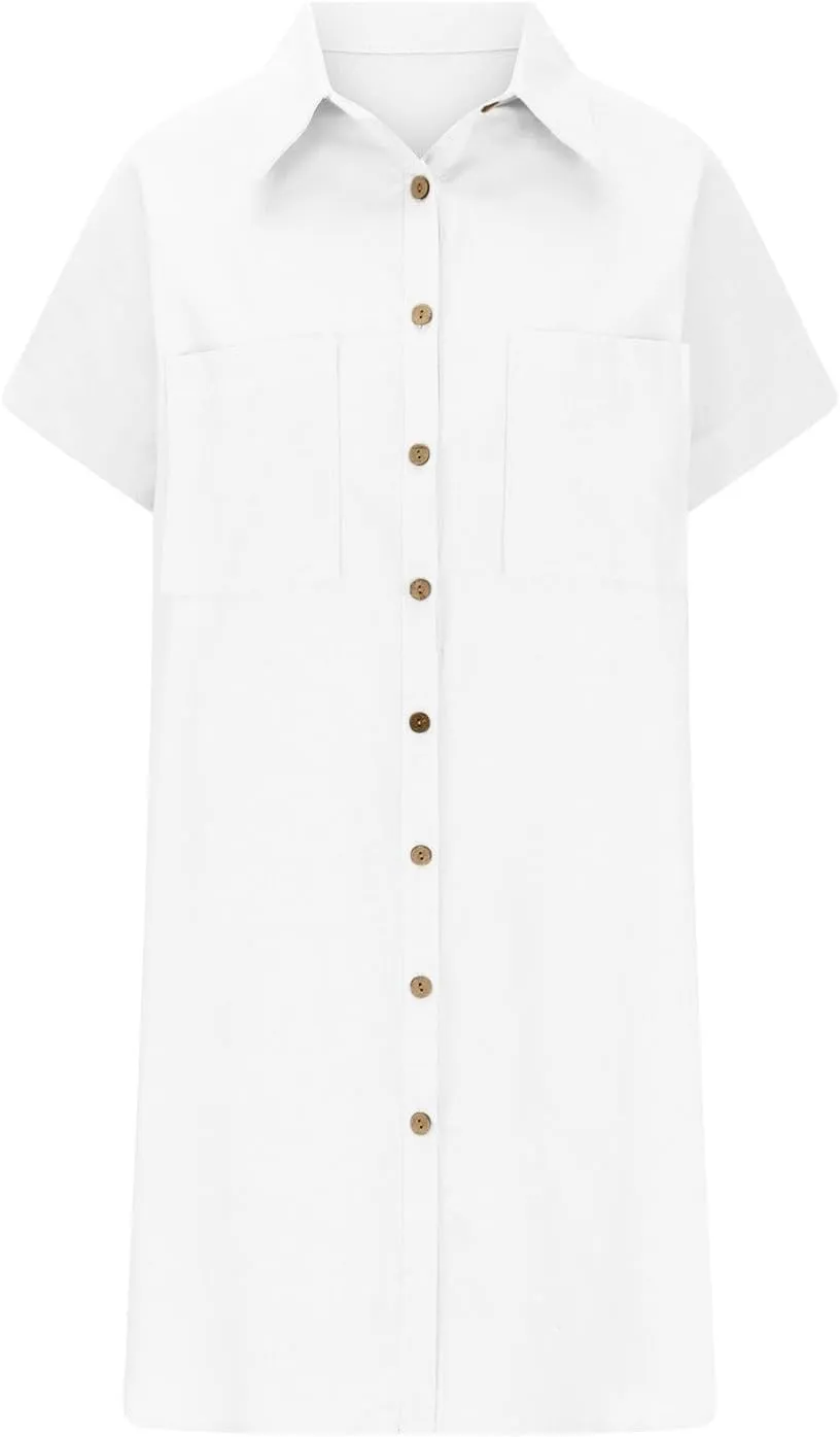 Button Down Tshirt Dresses Womens Short Sleeve Lapel Collar Work Dress with Pockets Loose Beach Coverups Mini Dress