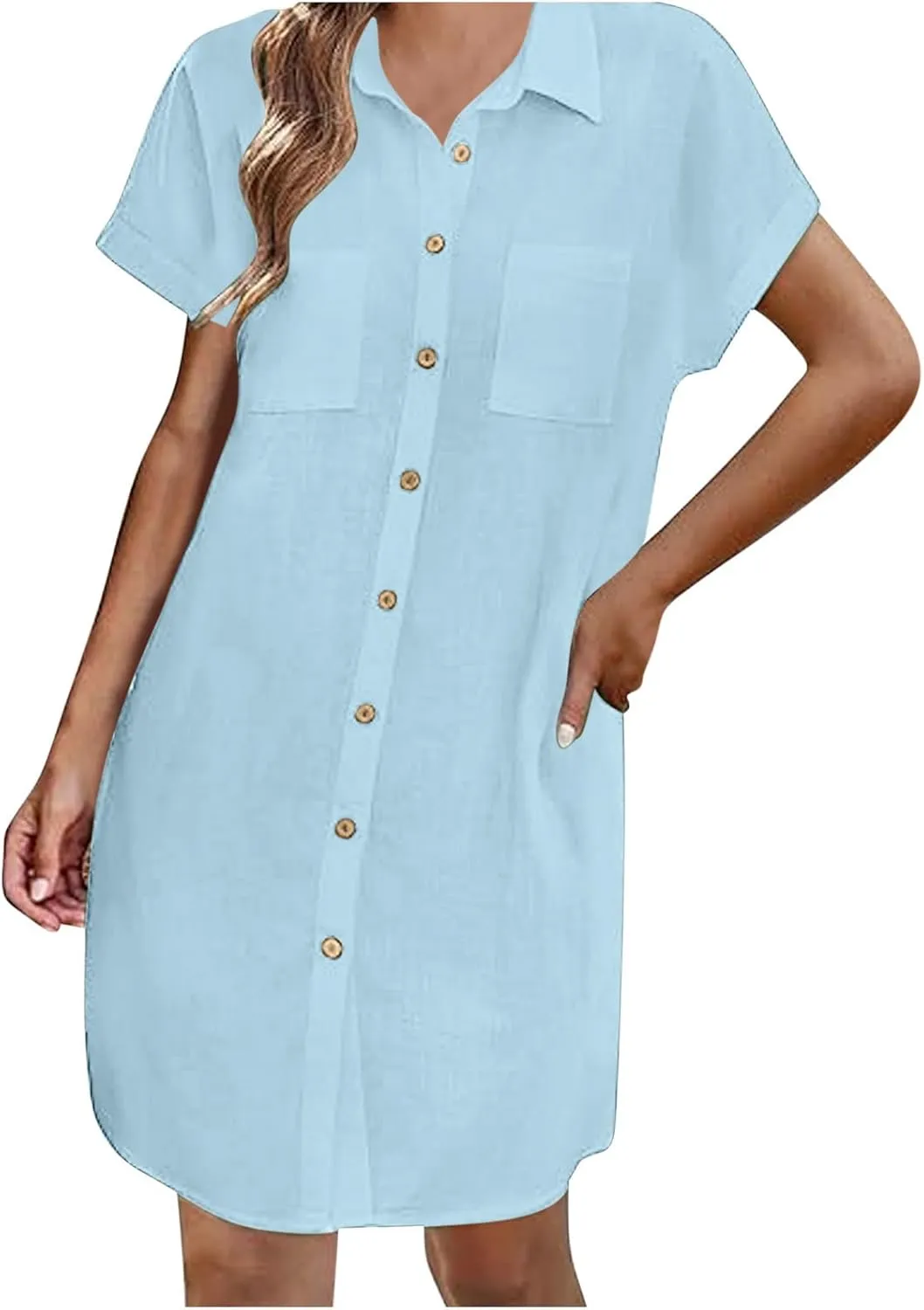 Button Down Tshirt Dresses Womens Short Sleeve Lapel Collar Work Dress with Pockets Loose Beach Coverups Mini Dress