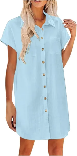 Button Down Tshirt Dresses Womens Short Sleeve Lapel Collar Work Dress with Pockets Loose Beach Coverups Mini Dress