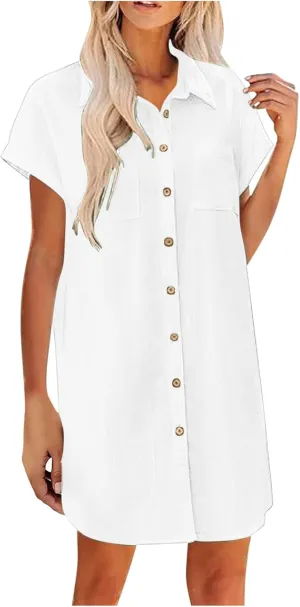 Button Down Tshirt Dresses Womens Short Sleeve Lapel Collar Work Dress with Pockets Loose Beach Coverups Mini Dress