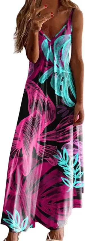 Casual Fashion Women's Sling Slim Fit Slim Long Swing Sleeveless Print Dress Blossoms Strap Dress