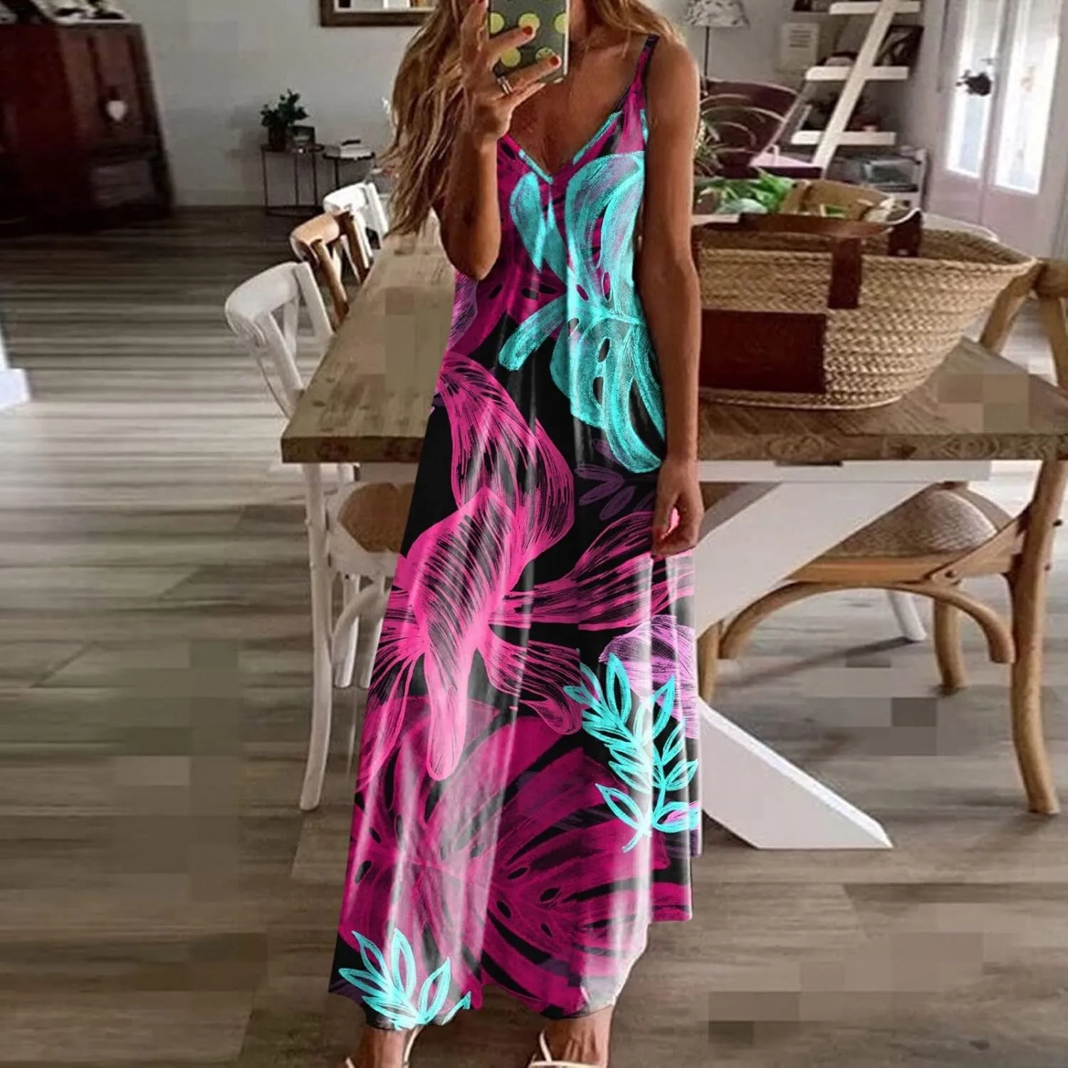Casual Fashion Women's Sling Slim Fit Slim Long Swing Sleeveless Print Dress Blossoms Strap Dress