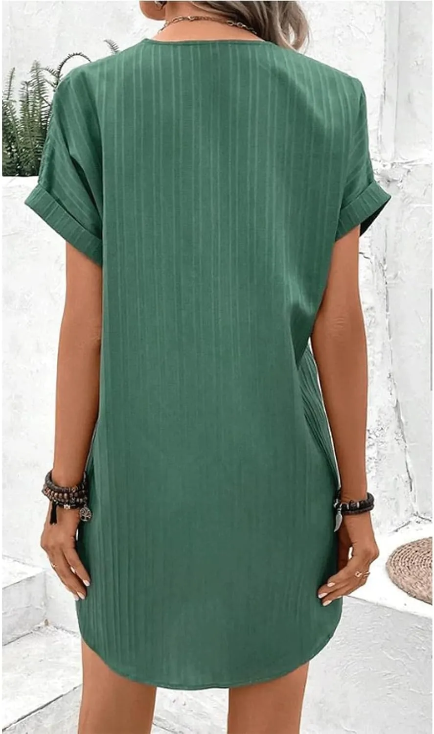 Casual Short Sleeve Summer Dresses for Women 2025 V Neck Boho Beach Dress Mini T Shirt Sundresses Dressy Work Ouftits