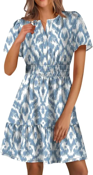 Casual Summer Dresses for Women 2025 Short Sleeve V Neck Beach Mini A-Line Ruffle Flowy Dress Dressy Work Sundress