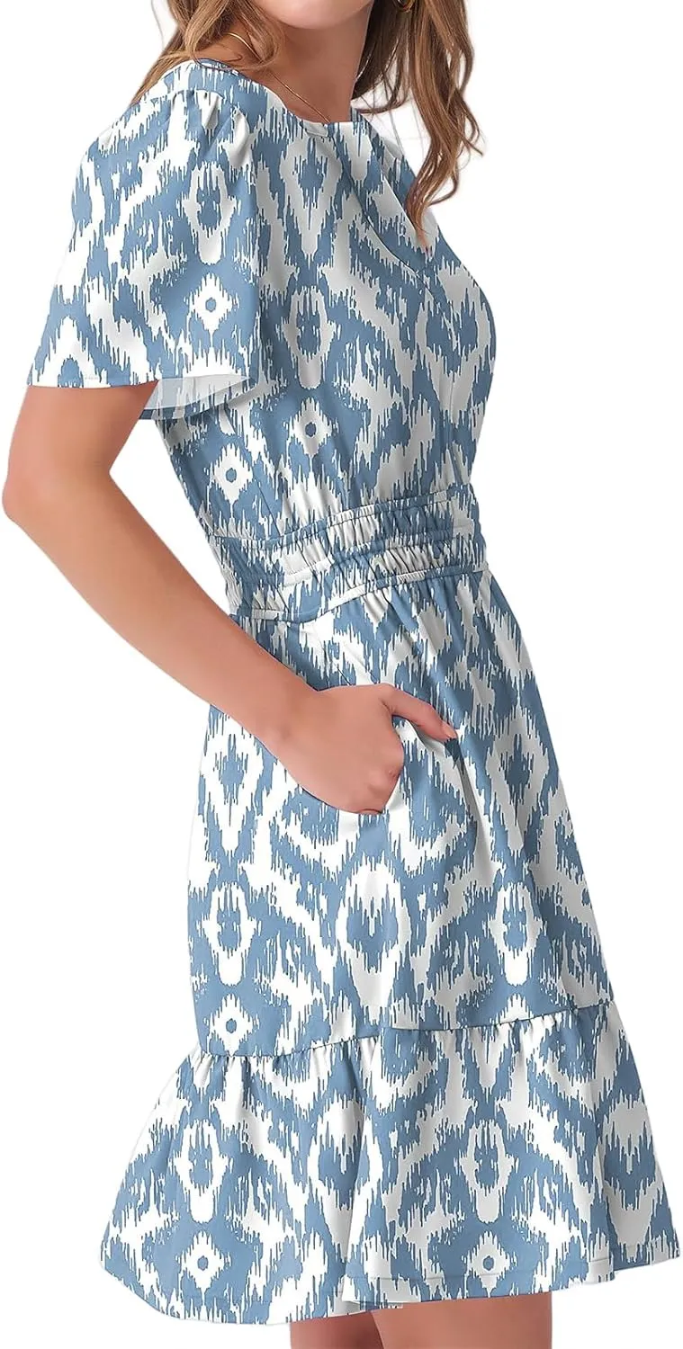 Casual Summer Dresses for Women 2025 Short Sleeve V Neck Beach Mini A-Line Ruffle Flowy Dress Dressy Work Sundress