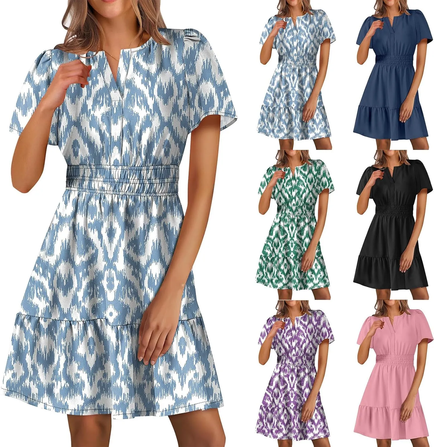 Casual Summer Dresses for Women 2025 Short Sleeve V Neck Beach Mini A-Line Ruffle Flowy Dress Dressy Work Sundress