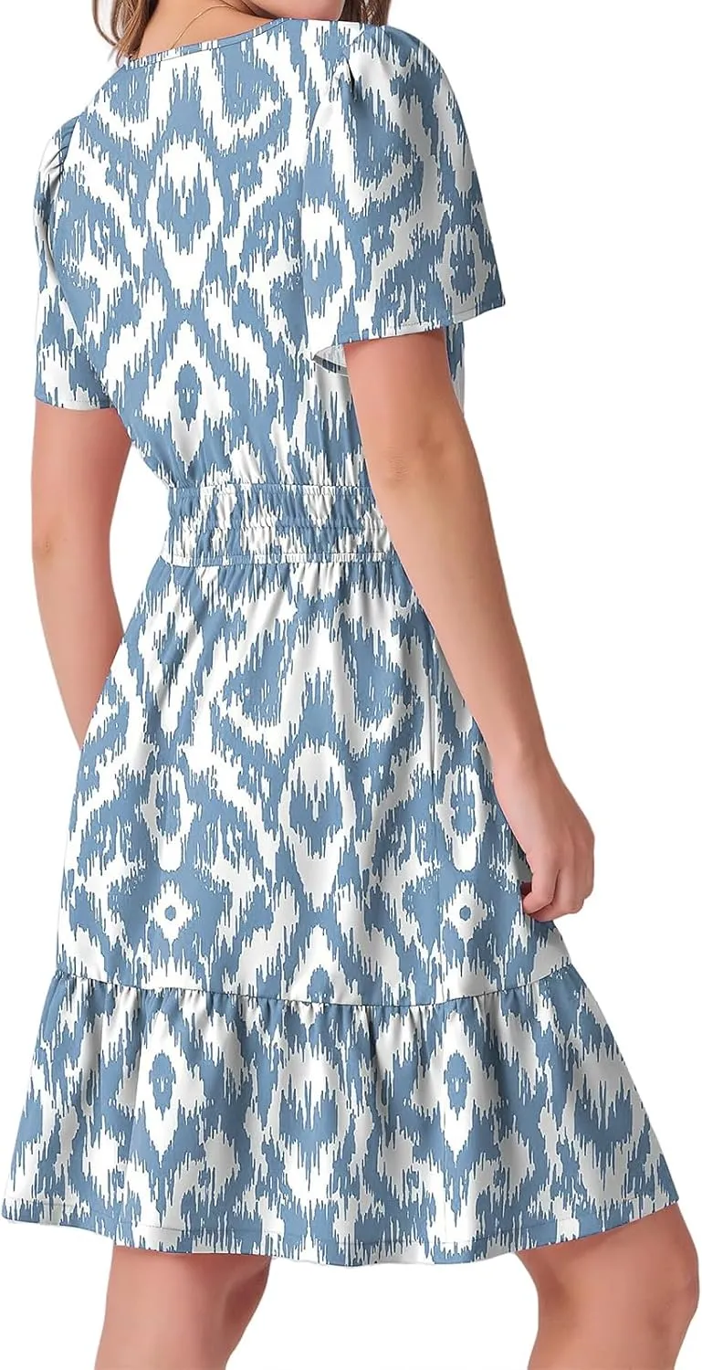 Casual Summer Dresses for Women 2025 Short Sleeve V Neck Beach Mini A-Line Ruffle Flowy Dress Dressy Work Sundress