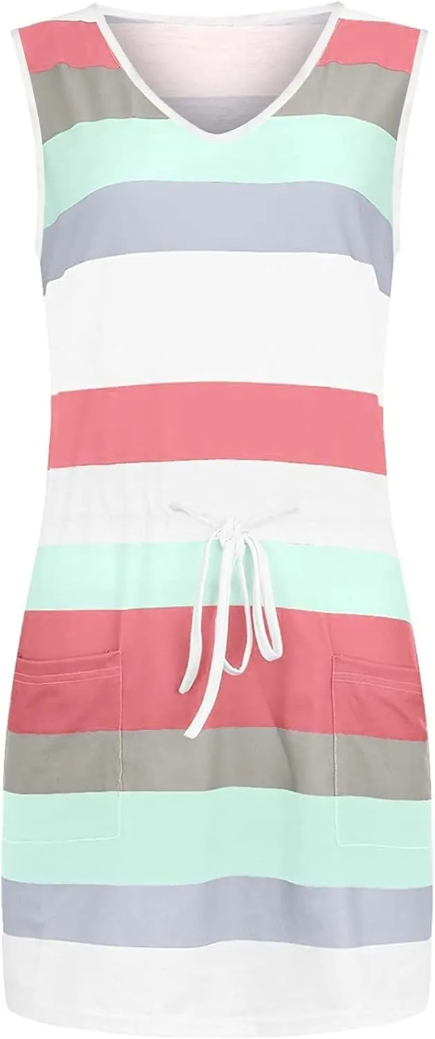 Cbcbtwo Beach Vacation Clothes for Women 2025 Summer Dress Sleeveless Tie Front A-Line Double Layer Hem Mini Dresses