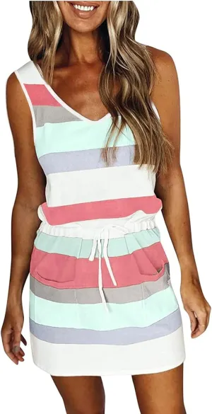 Cbcbtwo Beach Vacation Clothes for Women 2025 Summer Dress Sleeveless Tie Front A-Line Double Layer Hem Mini Dresses