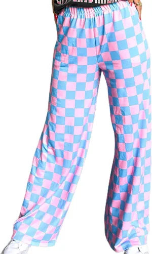 Checkered Pants for Women Elastic High Waist Wide Leg Lounge Pants Straight Loose Fit Plaid Trousers with Pockets