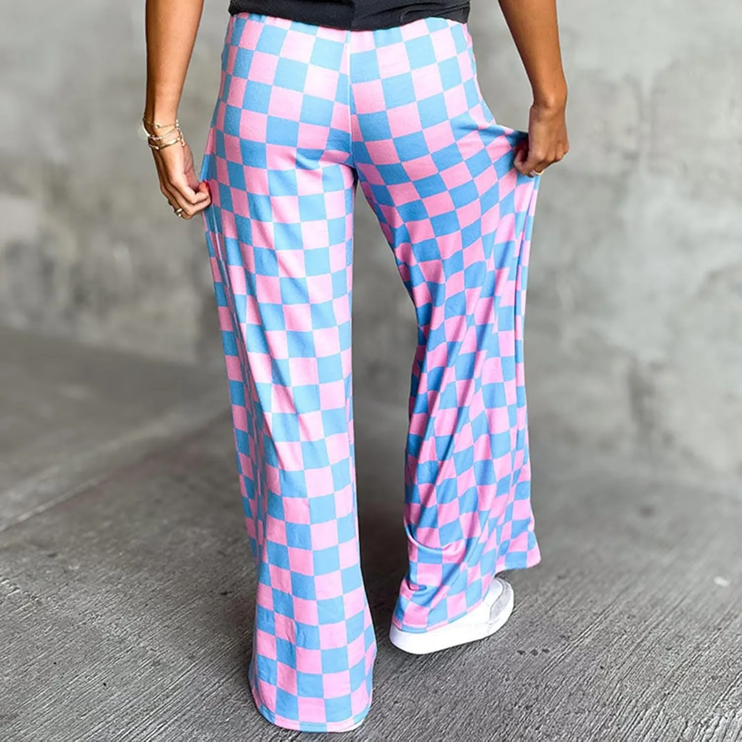 Checkered Pants for Women Elastic High Waist Wide Leg Lounge Pants Straight Loose Fit Plaid Trousers with Pockets