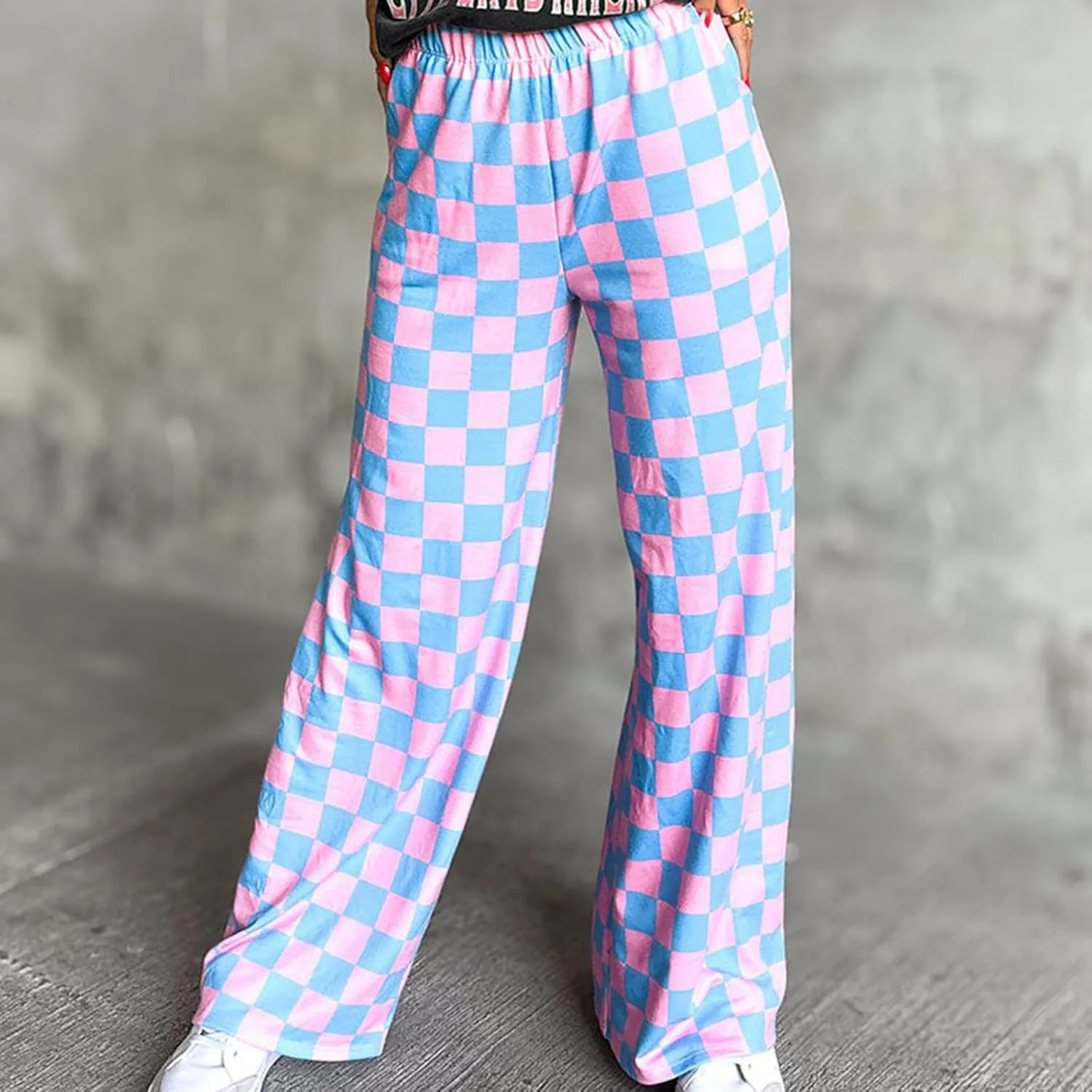 Checkered Pants for Women Elastic High Waist Wide Leg Lounge Pants Straight Loose Fit Plaid Trousers with Pockets