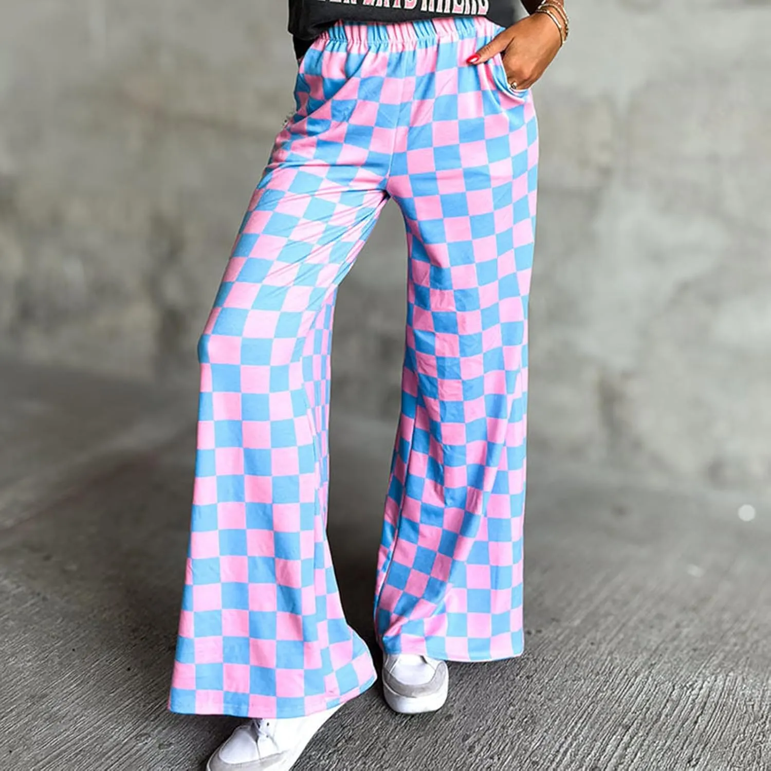 Checkered Pants for Women Elastic High Waist Wide Leg Lounge Pants Straight Loose Fit Plaid Trousers with Pockets