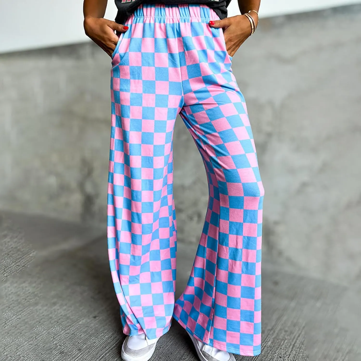 Checkered Pants for Women Elastic High Waist Wide Leg Lounge Pants Straight Loose Fit Plaid Trousers with Pockets