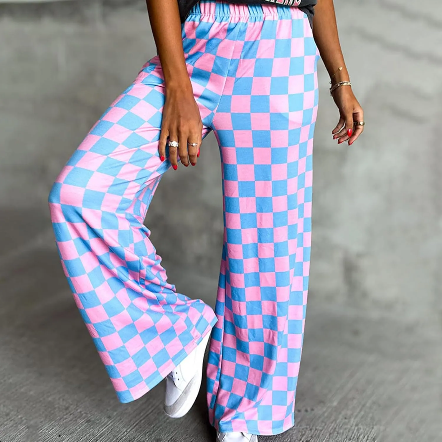 Checkered Pants for Women Elastic High Waist Wide Leg Lounge Pants Straight Loose Fit Plaid Trousers with Pockets