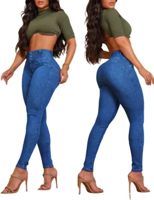 CHICME Womens High Waisted Butt Lifting Jeans Button Front Strechy Skinny Leggings Casual Slim Fit Denim Pants