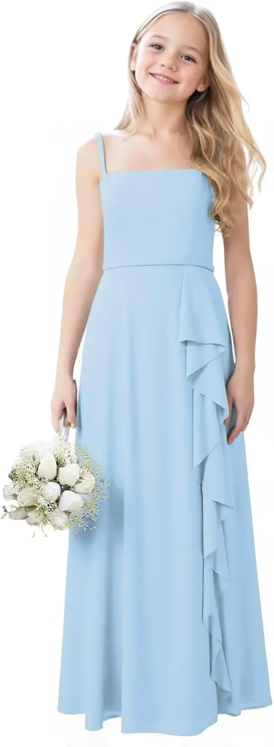 Chiffon Junior Bridesmaid Dresses with Slit Ruffle Spaghetti Straps A Line Flower Girl Formal Dress for Wedding