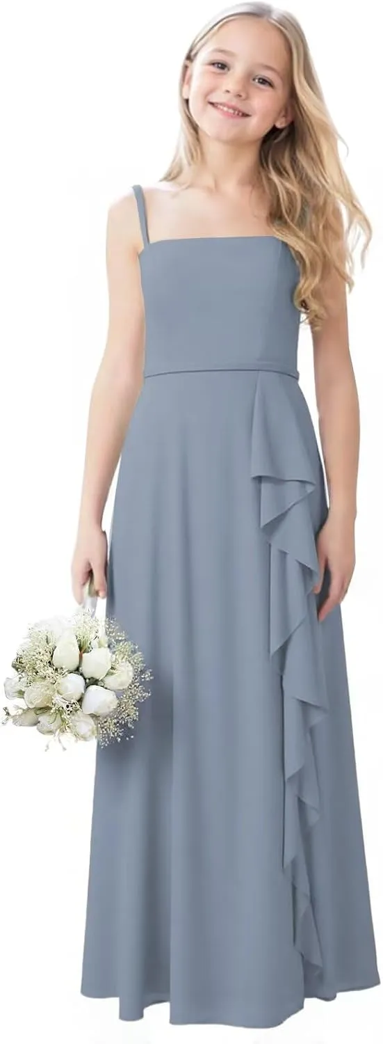 Chiffon Junior Bridesmaid Dresses with Slit Ruffle Spaghetti Straps A Line Flower Girl Formal Dress for Wedding
