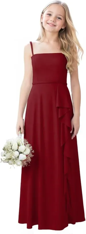 Chiffon Junior Bridesmaid Dresses with Slit Ruffle Spaghetti Straps A Line Flower Girl Formal Dress for Wedding