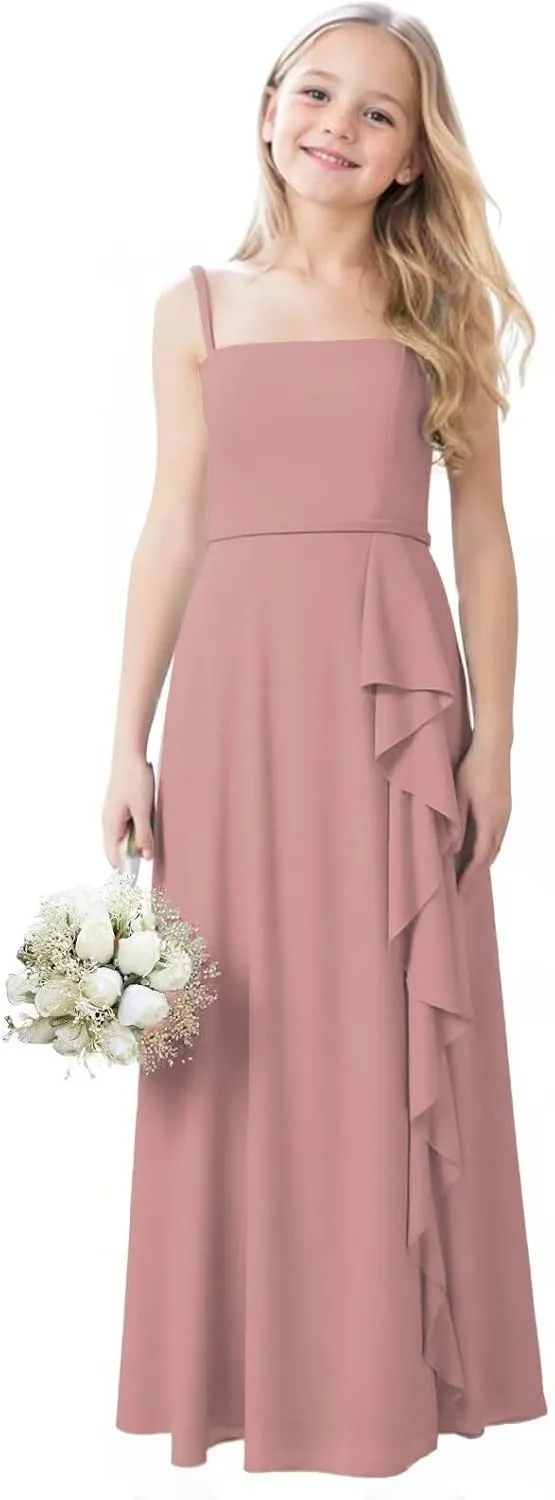 Chiffon Junior Bridesmaid Dresses with Slit Ruffle Spaghetti Straps A Line Flower Girl Formal Dress for Wedding