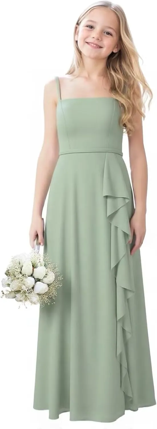 Chiffon Junior Bridesmaid Dresses with Slit Ruffle Spaghetti Straps A Line Flower Girl Formal Dress for Wedding