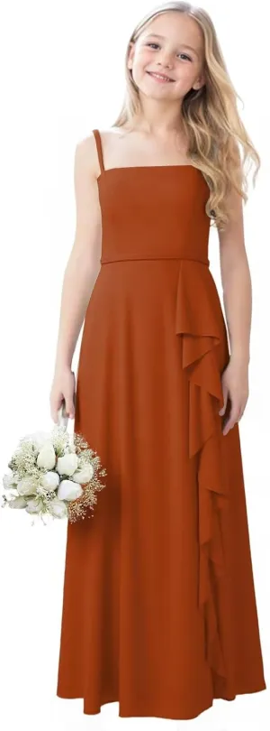 Chiffon Junior Bridesmaid Dresses with Slit Ruffle Spaghetti Straps A Line Flower Girl Formal Dress for Wedding