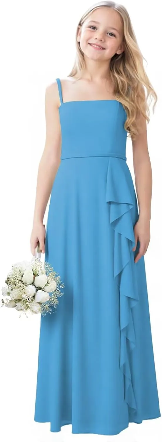 Chiffon Junior Bridesmaid Dresses with Slit Ruffle Spaghetti Straps A Line Flower Girl Formal Dress for Wedding
