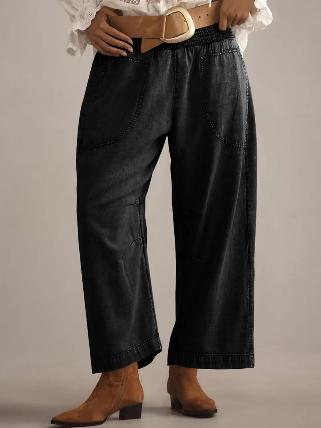 Cicy Bell Womens Smocked Barrel Jeans Casual Trendy High Waisted Baggy Pull On Denim Pants
