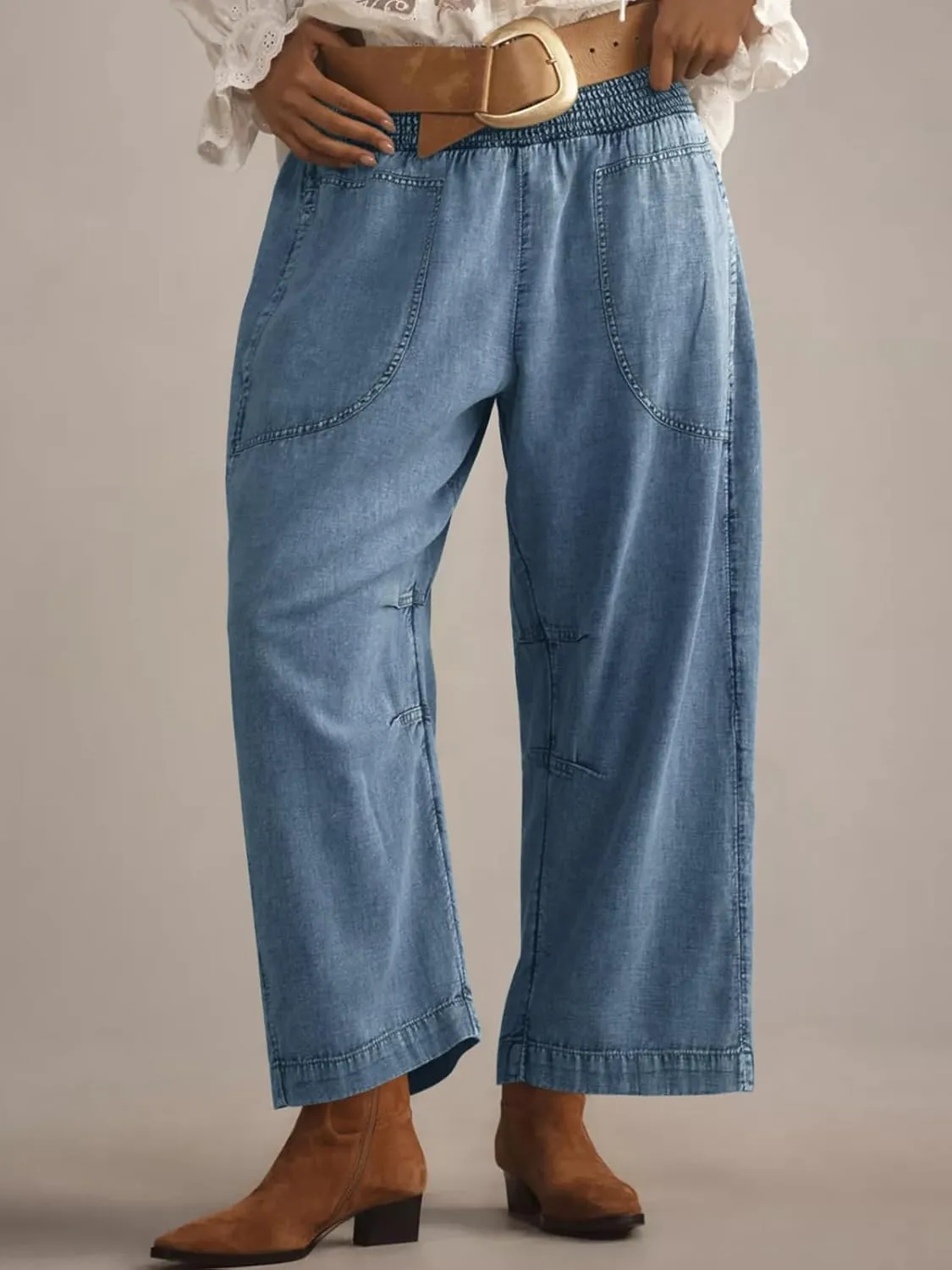 Cicy Bell Womens Smocked Barrel Jeans Casual Trendy High Waisted Baggy Pull On Denim Pants
