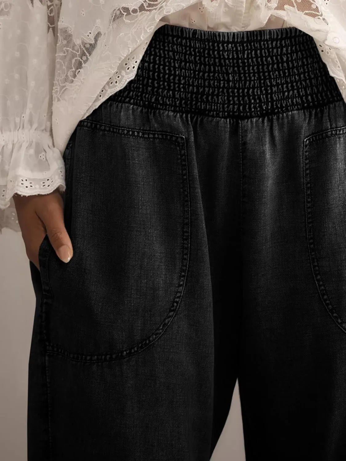 Cicy Bell Womens Smocked Barrel Jeans Casual Trendy High Waisted Baggy Pull On Denim Pants