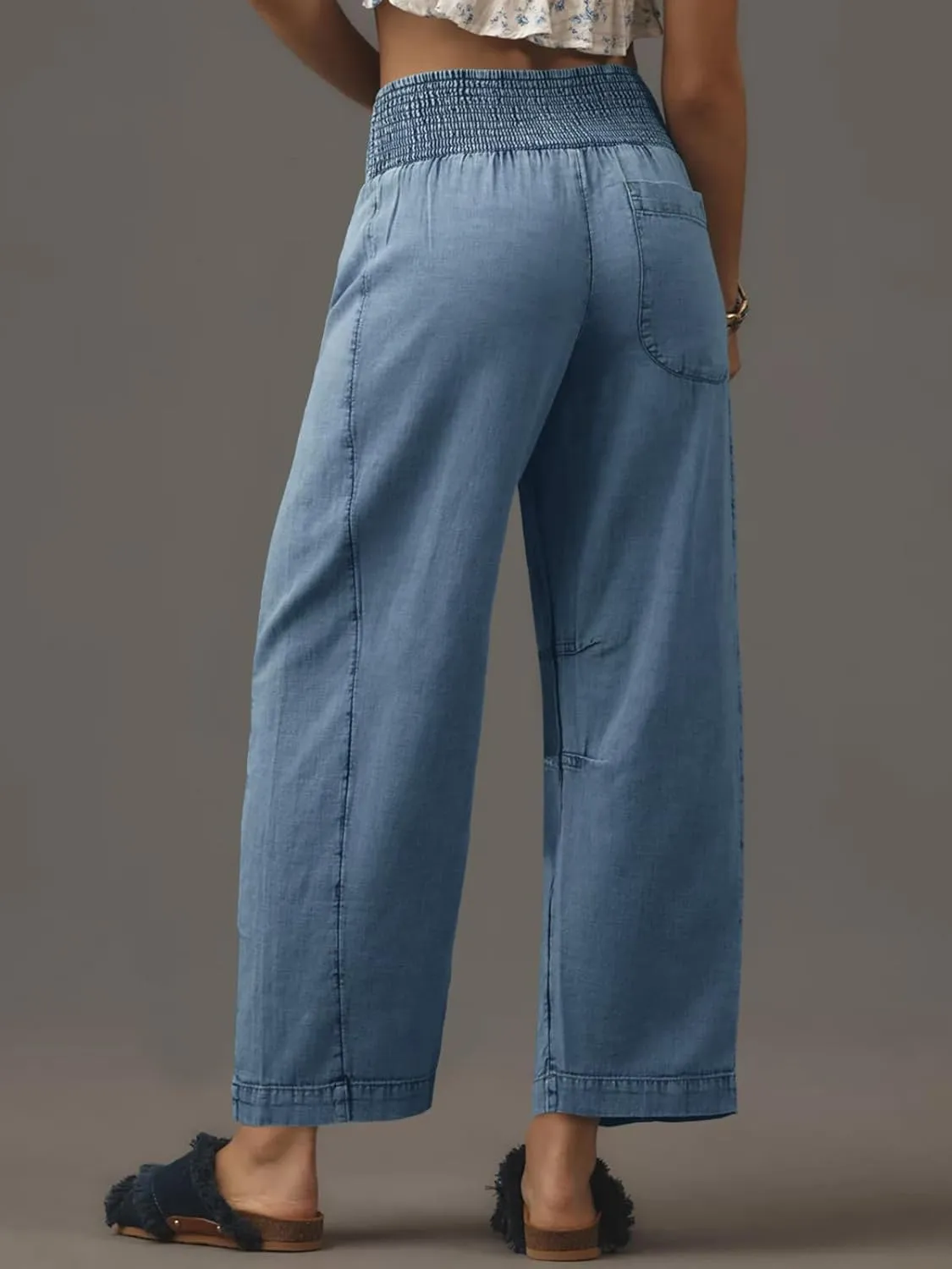 Cicy Bell Womens Smocked Barrel Jeans Casual Trendy High Waisted Baggy Pull On Denim Pants
