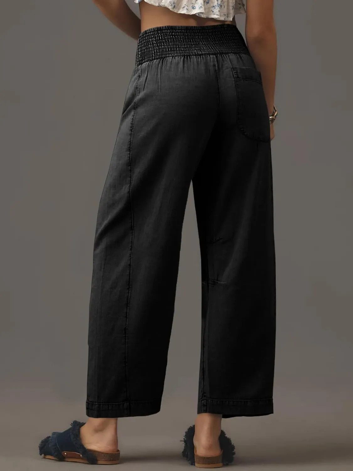 Cicy Bell Womens Smocked Barrel Jeans Casual Trendy High Waisted Baggy Pull On Denim Pants