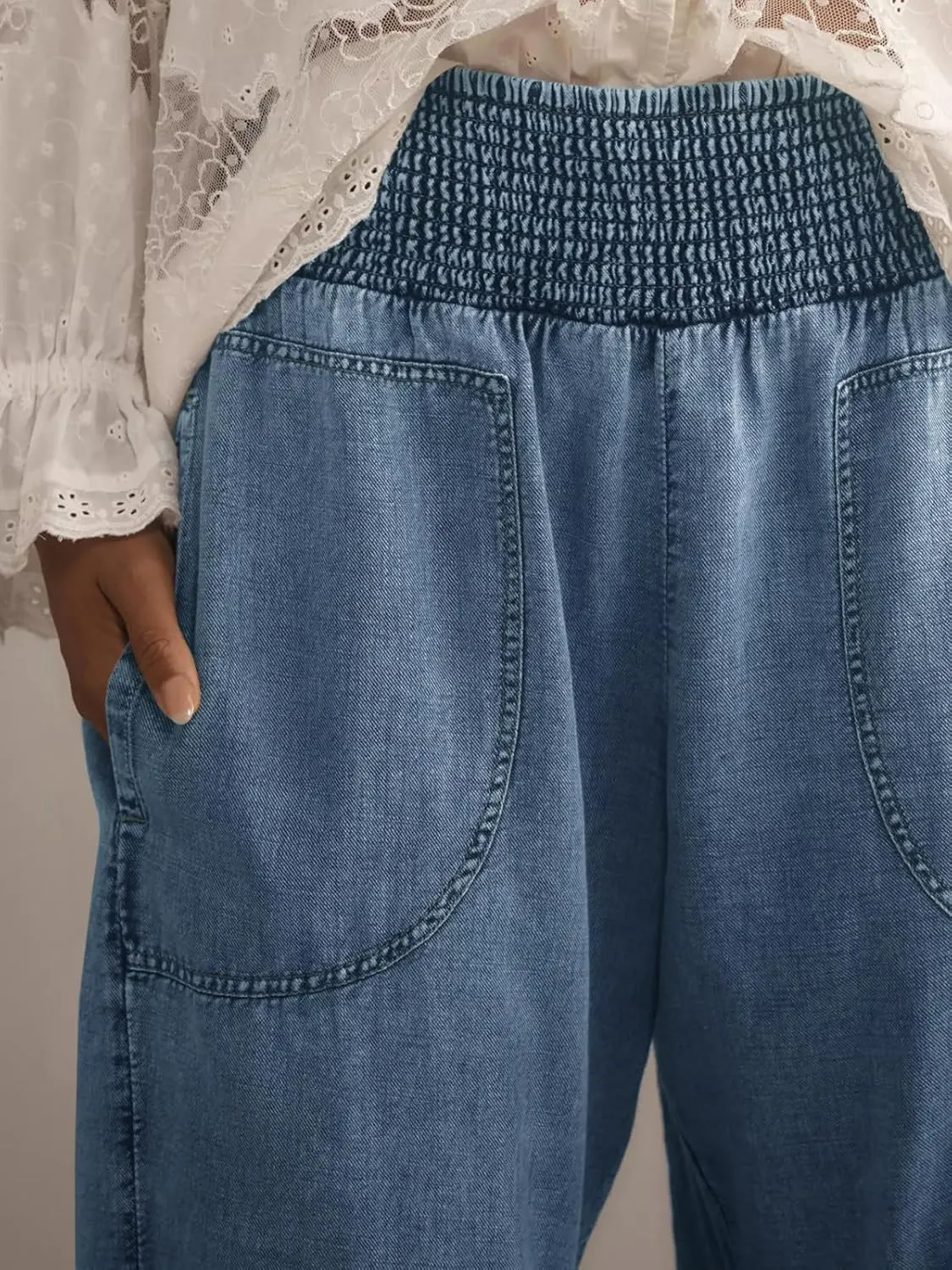 Cicy Bell Womens Smocked Barrel Jeans Casual Trendy High Waisted Baggy Pull On Denim Pants