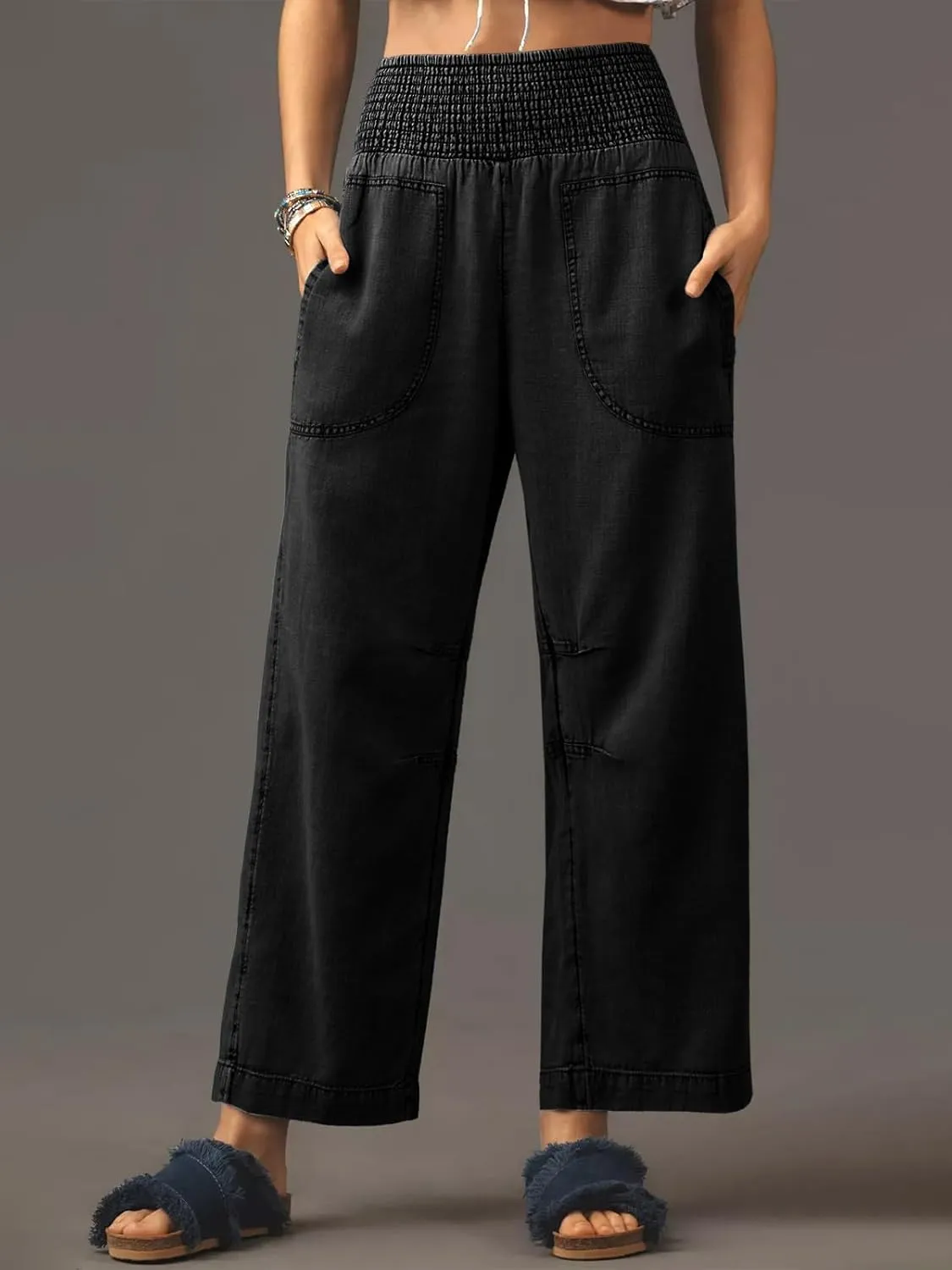 Cicy Bell Womens Smocked Barrel Jeans Casual Trendy High Waisted Baggy Pull On Denim Pants