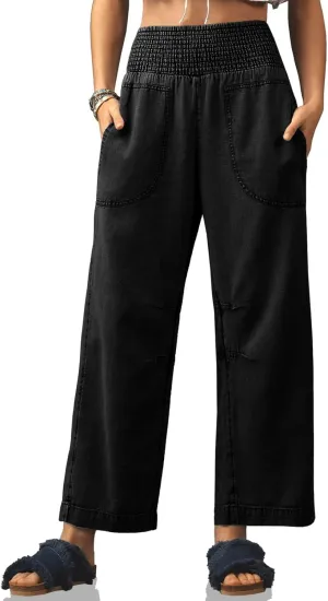 Cicy Bell Womens Smocked Barrel Jeans Casual Trendy High Waisted Baggy Pull On Denim Pants