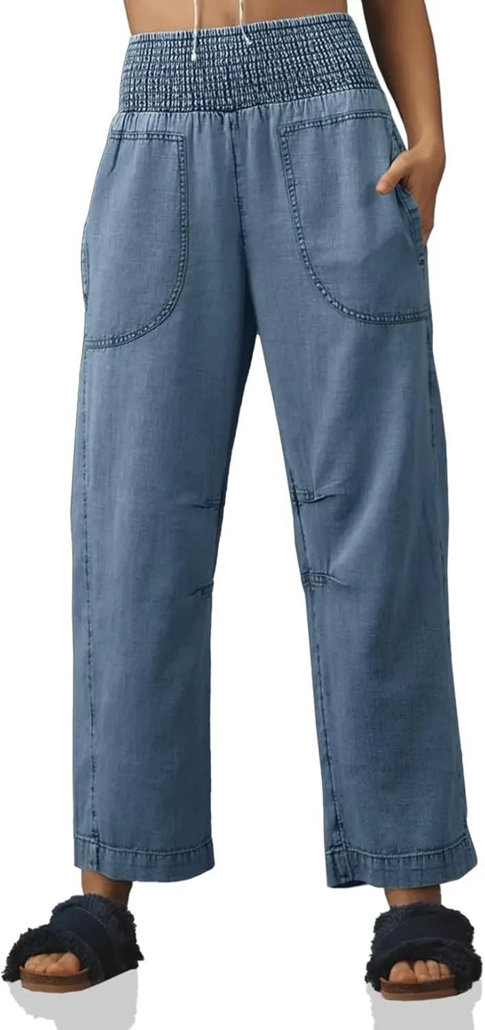 Cicy Bell Womens Smocked Barrel Jeans Casual Trendy High Waisted Baggy Pull On Denim Pants