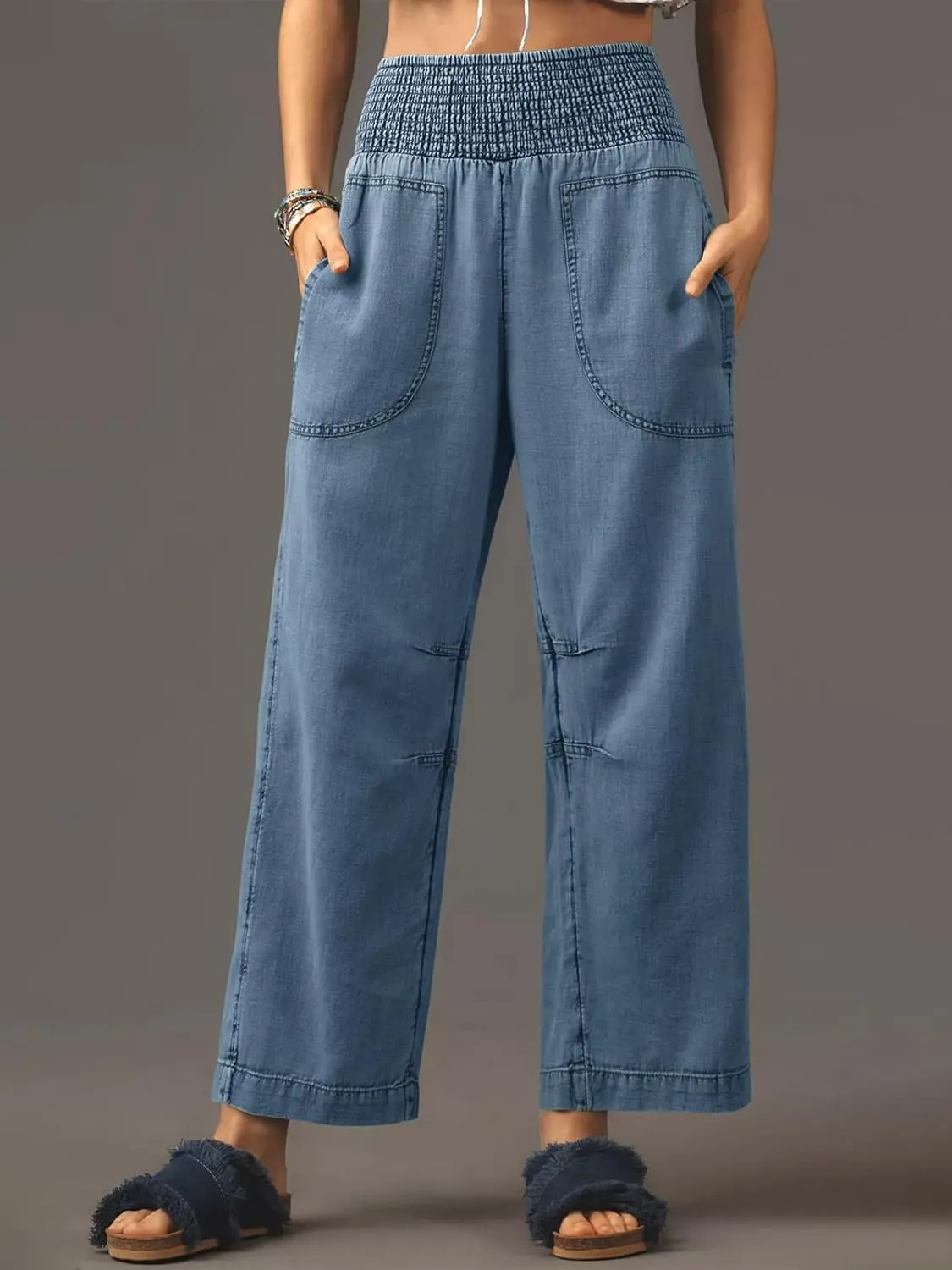Cicy Bell Womens Smocked Barrel Jeans Casual Trendy High Waisted Baggy Pull On Denim Pants
