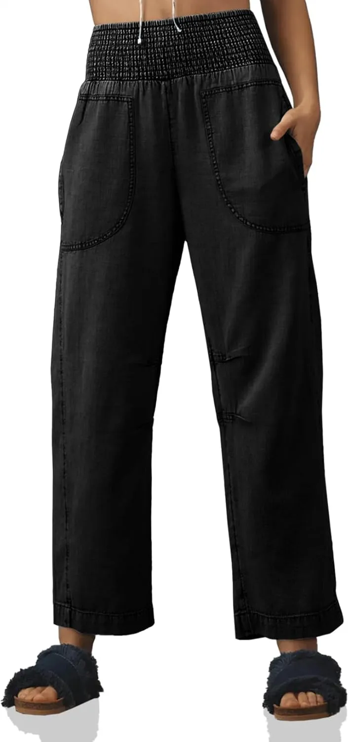Cicy Bell Womens Smocked Barrel Jeans Casual Trendy High Waisted Baggy Pull On Denim Pants
