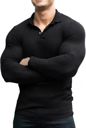COOFANDY Men's Stretch Muscle Tshirts Long Sleeve Knit Tees Casual Slim Fit Polo Shirts