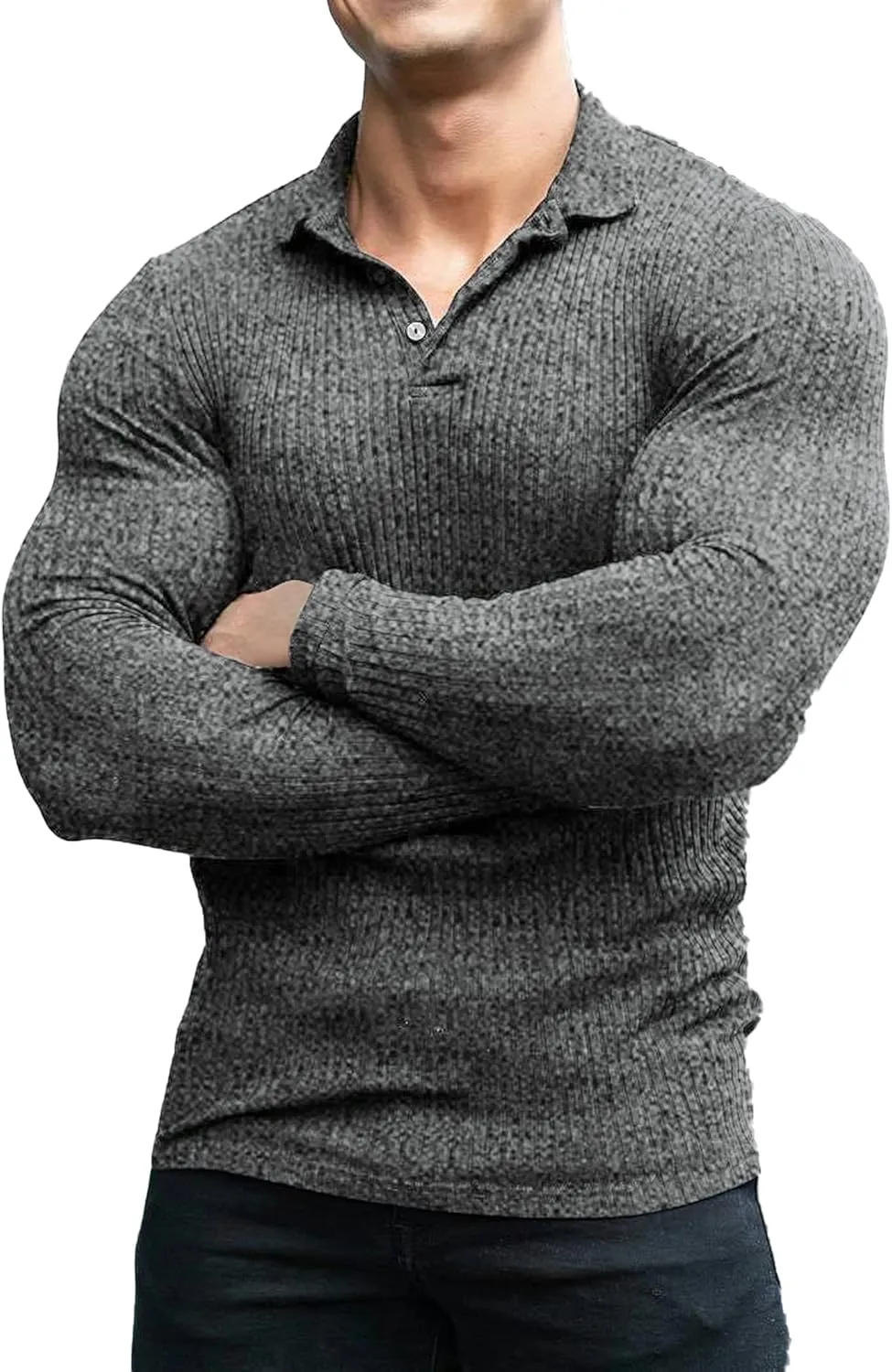 COOFANDY Men's Stretch Muscle Tshirts Long Sleeve Knit Tees Casual Slim Fit Polo Shirts