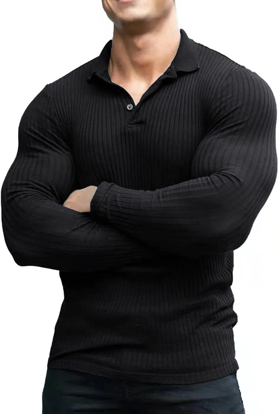 COOFANDY Men's Stretch Muscle Tshirts Long Sleeve Knit Tees Casual Slim Fit Polo Shirts