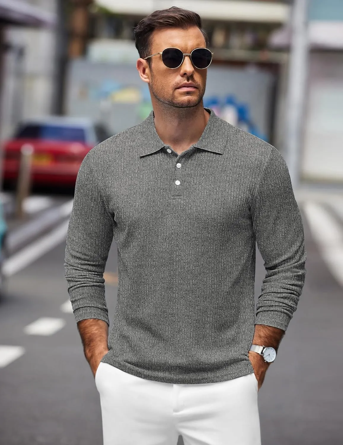 COOFANDY Men's Stretch Muscle Tshirts Long Sleeve Knit Tees Casual Slim Fit Polo Shirts