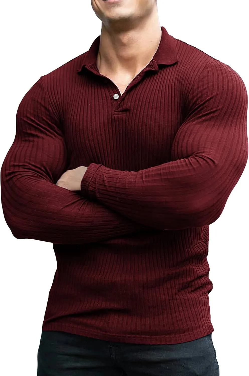 COOFANDY Men's Stretch Muscle Tshirts Long Sleeve Knit Tees Casual Slim Fit Polo Shirts