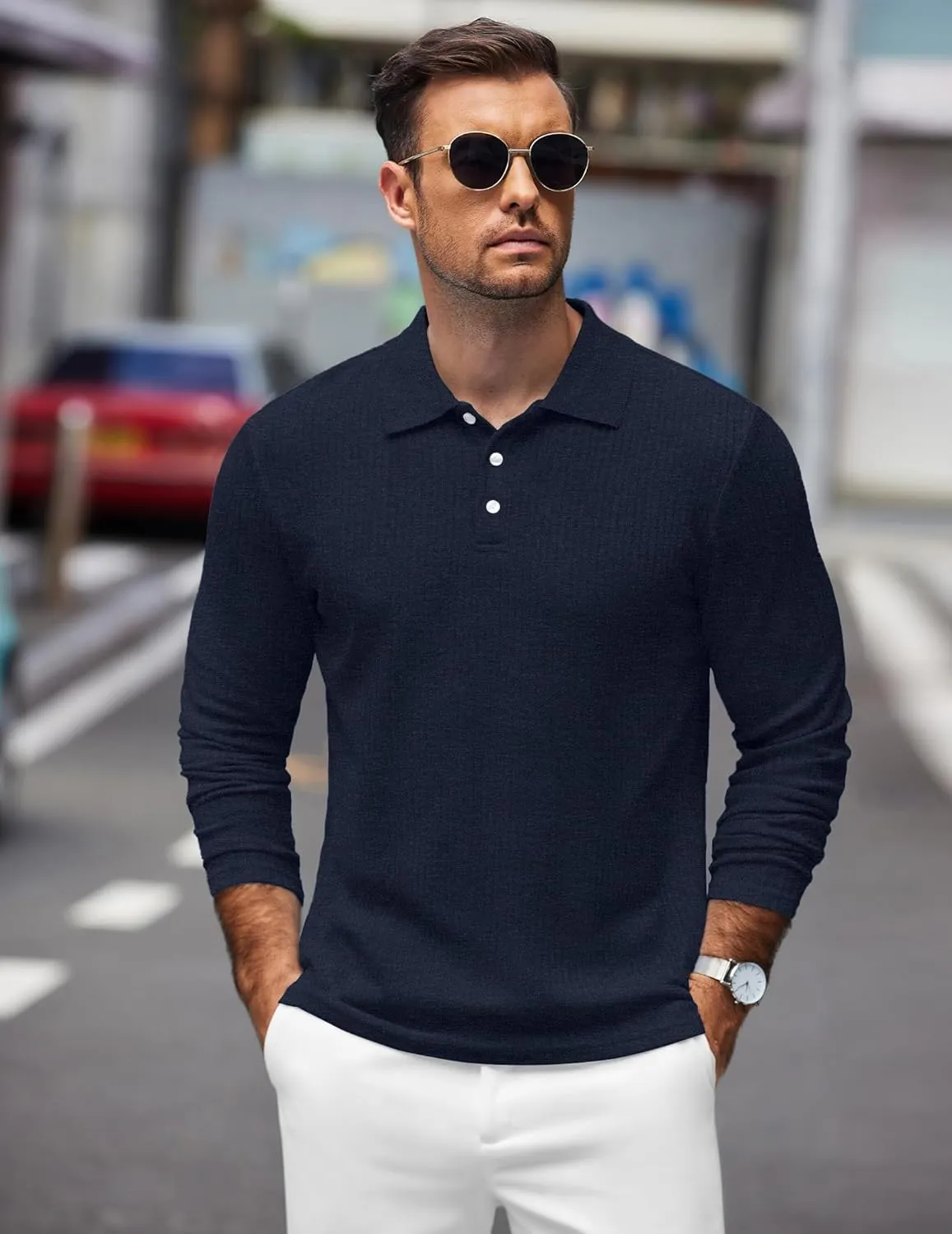 COOFANDY Men's Stretch Muscle Tshirts Long Sleeve Knit Tees Casual Slim Fit Polo Shirts