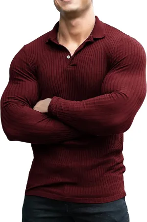 COOFANDY Men's Stretch Muscle Tshirts Long Sleeve Knit Tees Casual Slim Fit Polo Shirts